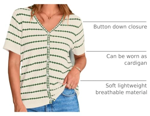 Image of NALANISA Women's Short Sleeve Sweater Spring Summer Crochet Knit Tops 2026 V Neck Striped Button Down Dressy Casual Blouses