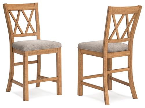 Signature Design by Ashley Havonplane Rustic Armless 25.63' Counter Height Upholstered Bar Stool with Foot Rest, Set of 2, Light Brown & Light Gray