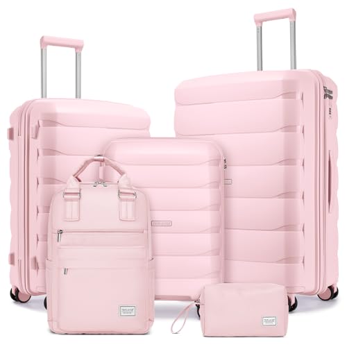 Image of Luggage Sets 5 Piece, Large Suitcase Set with Spinner Wheels, Carry on Luggage Set with Backpack for women (3 piece set,Pink)