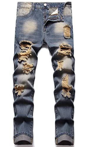 HENGAO Men's Slim Fit Straight Leg Ripped Jeans