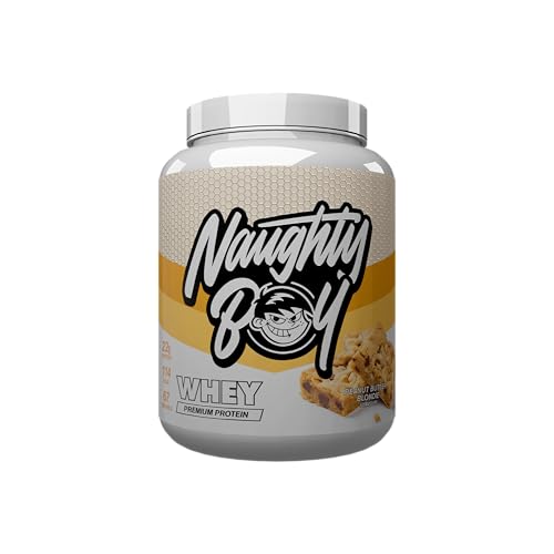 Naughty Boy Advanced 100% proteína de suero en polvo. Batido de recuperación y construcción muscular con sabor y mezcla óptimos. Bajo en azúcar. (rubio con mantequilla de maní)
