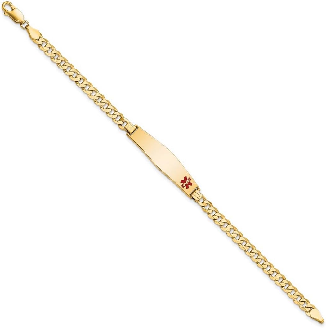 JewelryWeb 8.5mm 14k Solid Yellow Gold Medical Soft Diamond Shape Red Enamel Flat Curb Link ID Bracelet Identification Bracelet for Women