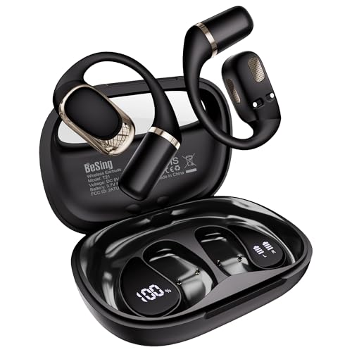 BeSing Open Ear Earbuds, Over Ear Headphones with Ear Hooks, True Wireless Bluetooth 6.0 Earphones, Stereo Sound, Ultra-Comfort, 50H Playback, IPX7 Waterproof Ear Buds with Mics for Running Sports