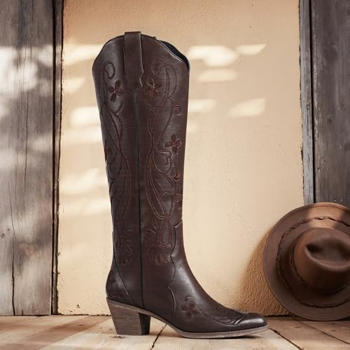 Cowboy Boots for Women, Knee High Wide Calf Cowgirl Boots with Classic Embroidered, Pointed Toe Chunky Heel Western Boot, Pull On Retro Vintage Tall Boot2