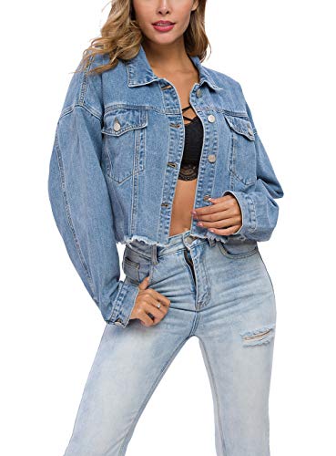 Tsher Women's Oversize Vintage Washed Denim Jacket Long Sleeve Classic Loose Jean Trucker Jacket D003 (L, Washed Blue Cropped Denim Jacket)