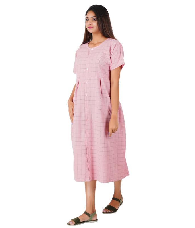 Image of Women's [L- 4XL] Full Open /Front Buttoned [a kind of Adaptive Clothing]Multipurpose Nighty for Maternity /Pregnancy /Elderly /Patient /Feeding /Hospital Purpose Nighty(Pink Checks - 2XL / Calf Length