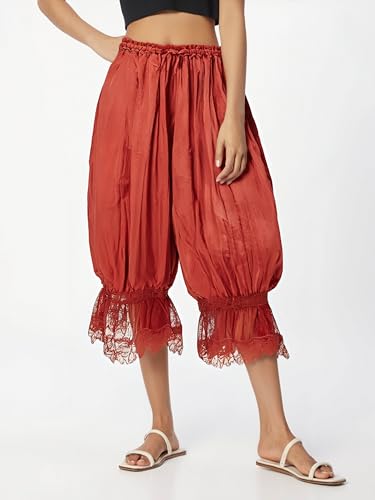 Image of Women Lace Trim Long Bloomer Pants Ruffle Pantaloons | Lace Hem Pettipants Pantaloons, Elastic Waist Flared Cropped Slips Pants, Vintage Cropped Pajama Bottoms, Victorian