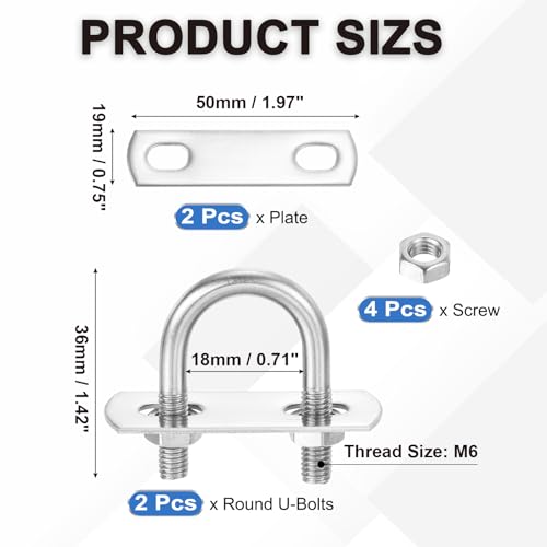 Image of PATIKIL Round U-Bolts, 2 Pcs 0.71 inch(18mm) Inner Width 36mm Length M6 with Nut Plate Washer 304 Stainless Steel Round Bend U-Bolts for Boat Trailer Axle Sailboat