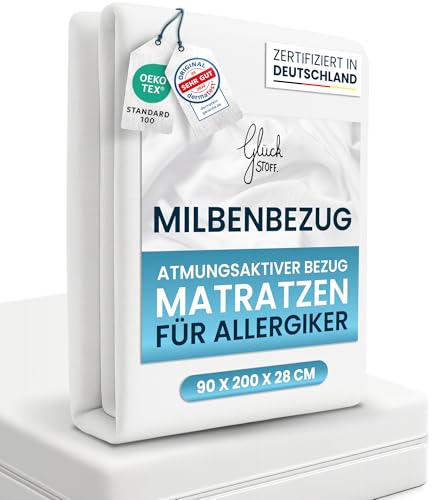 Glückstoff Premium Milbenbezug Matratze 90x200x28 [Zertifiziert IN Deutschland] Allergiker Bettwäsche Set Anti Milbe - Allergiker Matratzenbezug - Encasing Bettwäsche Anti Milben - Milbenschutzbezug