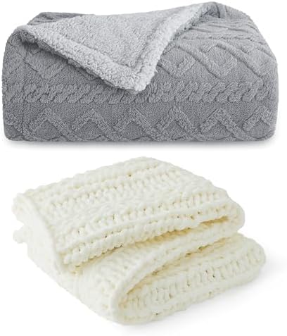 Bedsure Sherpa Cable Blanket Throw & Chunky Knit Throw Blanket