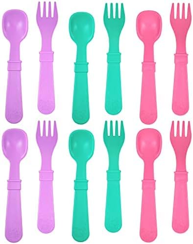 Re Play Made in USA 12pk Toddler Feeding Utensils Spoon and Fork Set - Made from BPA Free Eco Friendly Recycled Milk Jugs - Dishwasher Safe - Microwave Safe - Sparkle - Without Carrying Case