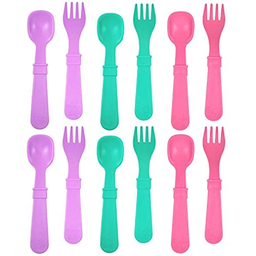 Re-Play Made in USA Toddler Forks and Spoons, Pack of 12 Without Carrying Case - 6 Kids Forks with Rounded Tips and 6 Deep Scoop Toddler Spoons - 0.2