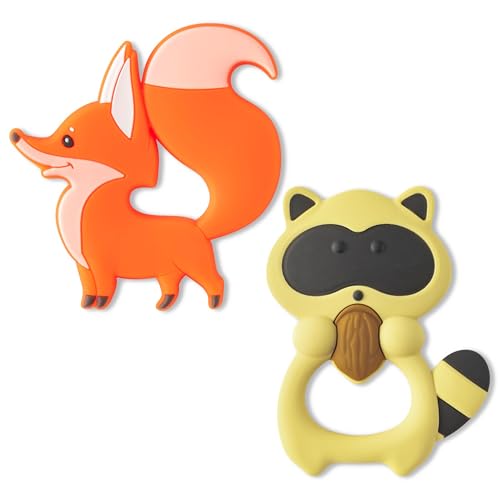 Image of Baby Raccoon Fox Silicone Teether for 0-6 Months - 2ooya 2Pcs Cute Soothe Teething Infant Chew Toys Toddler Sore Gums Pain Relief Toy for Easy to Grasp Baby Shower Birthday Gifts for boy and Girl