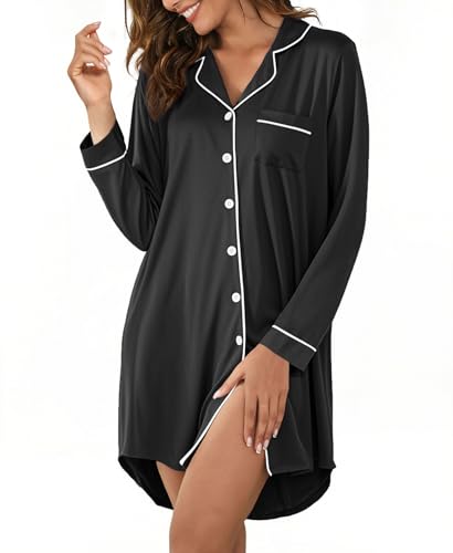 Image of Hagmeu Nightgowns for Women Button Down Sleepshirt V Neck Nightshirt Soft Pajama Dress S-XXL