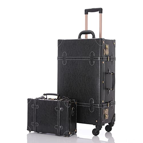 Image of UNIWALKER Vintage Luggage Set, 2 Piece Handcraft Leather Suitcase with Spinner Wheels TSA Lock and Cosmetic Train Case for Women Men