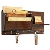 Rebee Vision Pine Wood Key Holder Wall Mount for Home Decor - Vintage Mail Holder Wall Mounted with Floating Shelf & Hooks - Rustic Mail Organizer for Apartment, Living Room, Entryway (Dark Brown)