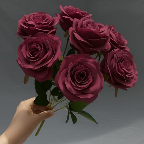 Image of Artificial Rose Flower Bouquet - 7 Soft Dark Red Silk Roses with Green Leaves | Realistic Artificial Flowers for Home Decoration, Wedding, Party & Gift