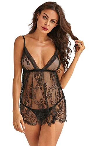 jara collection Women’s Baby Doll Night Dress – Deep Plunge Neckline with Satin Tie and Matching Lace Thong, Honeymoon & Bridal Nightwear-picture-15