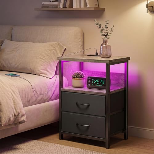 Image of Fixwal Night Stand with Charging Station, LED Nightstand with U-S-B Ports and Outlets, 2 Fabric Storage Drawers with PU Finish, Bed Side Table, French Oak