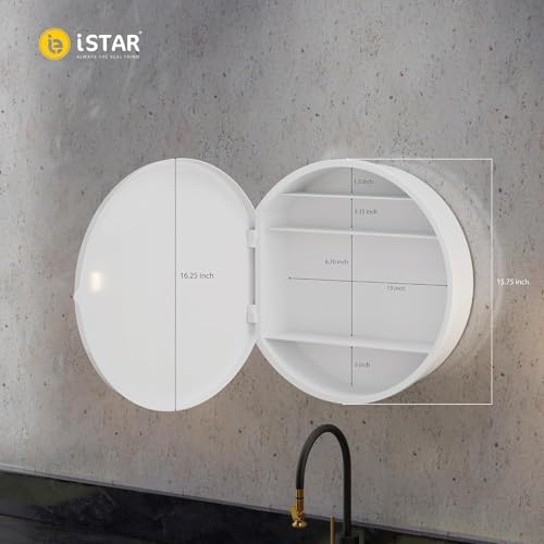 Image of iSTAR Round Mirror Cabinet with Storage Shelf | Bathroom Wall Mounted Mirror with Hidden Cabinet Organizer | Modern Wall Mounted Mirror for Bathroom - White
