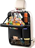 Organizador para niños para asiento trasero con mesa plegable, protector impermeable, bolsa transparente para tablet/PAD y teléfono, bolsa de almacenamiento multifuncional para viaje en coche