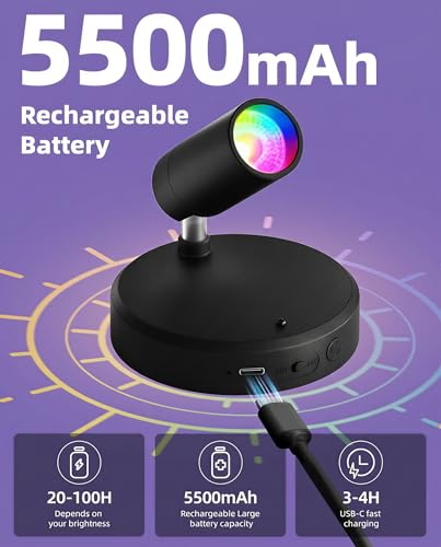 Image of EZVALO RGB Spotlights Indoor with Remote, 5500mAh Rechargeable Picture Lights, DIY Mode & 83 Color Changing Uplighting, Wireless Mini Accent Lighting for Plant Painting, Artwork (2Pack-Black)