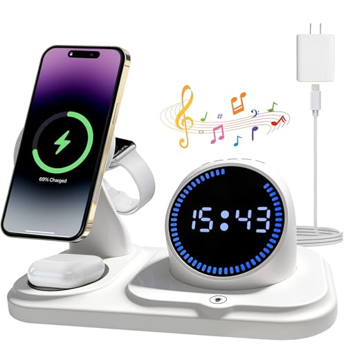 6 en 1 Cargador inalámbrico para iPhone con Altavoz Bluetooth, estación de Carga rápida para iPhone 17/16/15/14/13/12/11/Pro/Max/Plus, para Apple Watch y AirPods