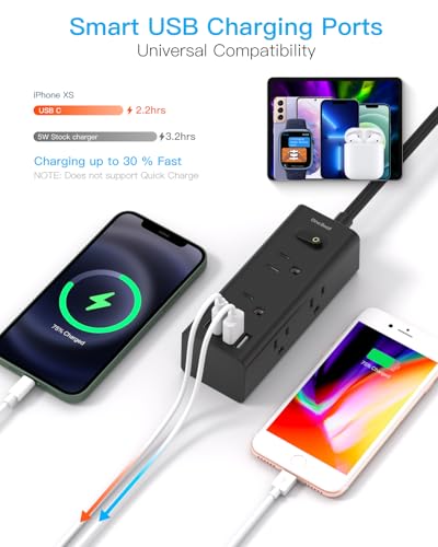 Image of 15Ft Extension Cord with Multiple Outlets, Flat Plug Power Strip Surge Protector with 15 Ft Long Cord, 6 Outlet 4 USB Ports (2 USB C), Multi Outlet Wall Plug for College, Dorm Room Essentials(Black)