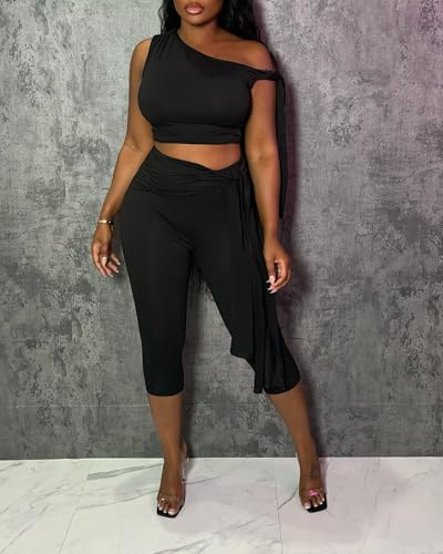 CXXQ Sexy 2 Piece Outfits Off Shoulder Self Tie Crop Tops and Capri Legging Set Tracksuits Clubwear3