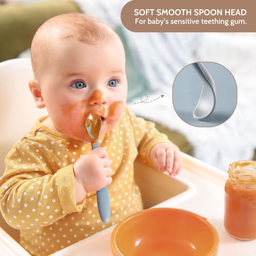 Image of 6 Piece Silicone Baby Feeding Spoons, First Stage Infant Soft-Tip Easy on Gums, Utensils Supplies, Training Spoon Self-feeding, Dishwasher & Boil-proof - Morandi