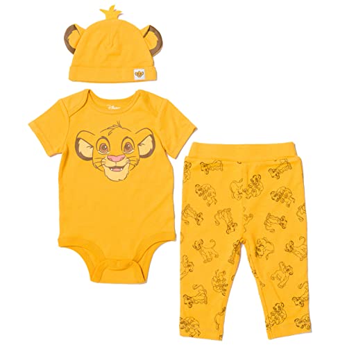 Image of Disney Mickey Mouse Minnie Mouse Lion King Winnie The Pooh Baby Bodysuit Pants and Hat 3 Piece Outfit Set Newborn to Infant