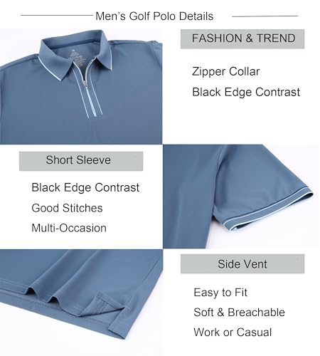 Alex Vando Mens Zipper Golf Shirt Moisture Wicking Zip Up Solid Fashion Polo Shirts