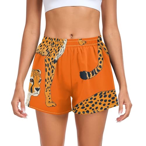 EtherSpher Cleetah Orange Animals Women's Athletic Shorts with Pockets Teens Gym Shorts for Travel Volleyball Running Cycling licras cortas para Mujer L