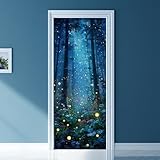 arricraft 2 Stück Selbstklebende Türaufkleber 31.5X78.7 3D Türaufkleber Mit Glühwürmchen Und Wald Waldmuster PVC Türen Entfernbare Tapetendekoration Für Schlafzimmer Wohnzimmer Heimdekoration