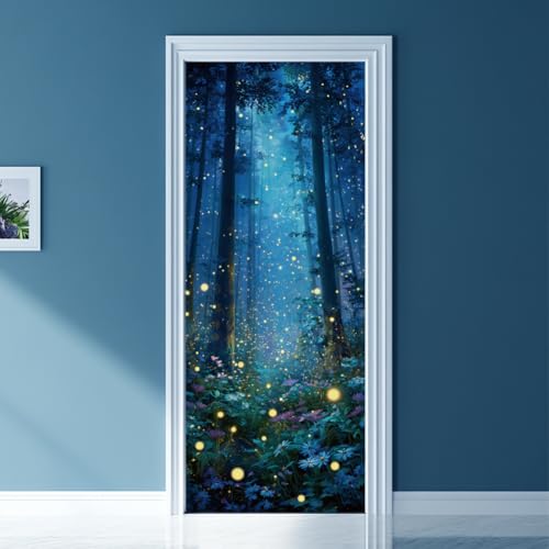 arricraft 2 Stück Selbstklebende Türaufkleber 31.5X78.7 3D Türaufkleber Mit Glühwürmchen Und Wald Waldmuster PVC Türen Entfernbare Tapetendekoration Für Schlafzimmer Wohnzimmer Heimdekoration