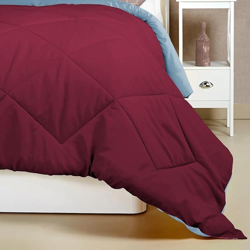 Image of Dream Living Microfibre All Season Solid Reversible Single Bed Comforter Blanket (Maroon-Light-Blue, Single-152X220)
