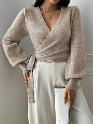 Image of ZAFUL Women's V Neck Cable Knit Sweater Long Sleeve Ribbed Crop Tops Wrap Surplice Solid Casual Pullover Jumper