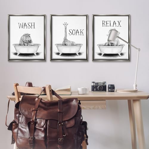 Image of Jungle Animals Bathroom Signage, 24 x 30 Inch Canvas in Floater Frame Set | Stupell Industries . By Rachel Nieman . Ready to hang . Great for bath and laundry . Made in USA