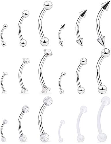 Lcolyoli 18pcs 16G Clear Bioflex Acrylic & Stainless Steel Eyebrow Barbell Rook Daith Earrings Belly Studs Cartilage Tragus Barbell Body Piercing Jewelry Retainer 6mm 8mm 10mm Silver-tone