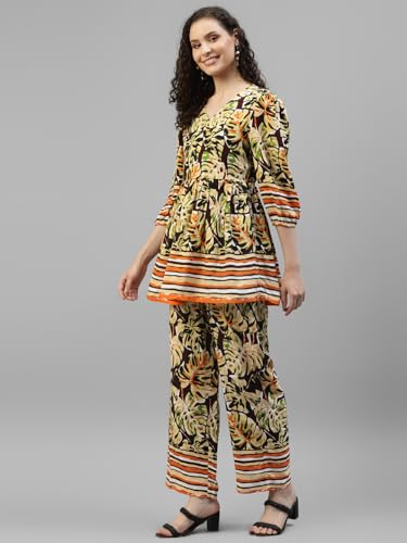 Image of DEEBACO Women's Tropical Print Rayon Peplum Top & Pants Co-Ord Set for Women V-Neck Puff 3 /4 Sleeves Ladies Party Casual Wear Fashionable for Girls Relaxed Fit Cord Set (DBCOMR00001097 L Multicolor)