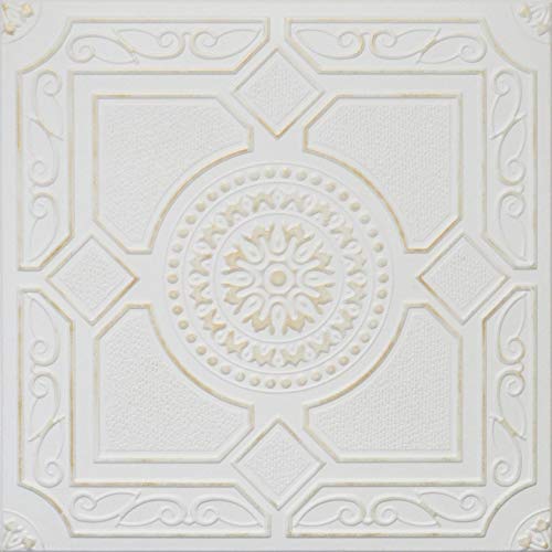 R30A White Satin Washed Gold 20x20 Amazing Styrofoam Tin Look Ceiling Tiles Easy to Glue Up On Any Type of Surface