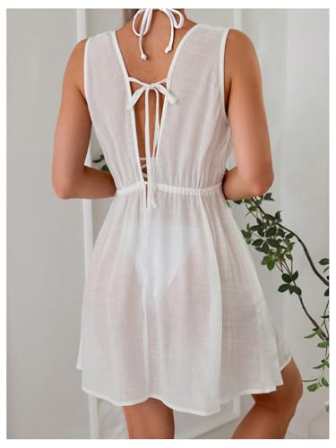 SweatyRocks Women's Sheer Swimsuit Cover Up Deep V Neck Tie Backless Bikini Beach Dress2