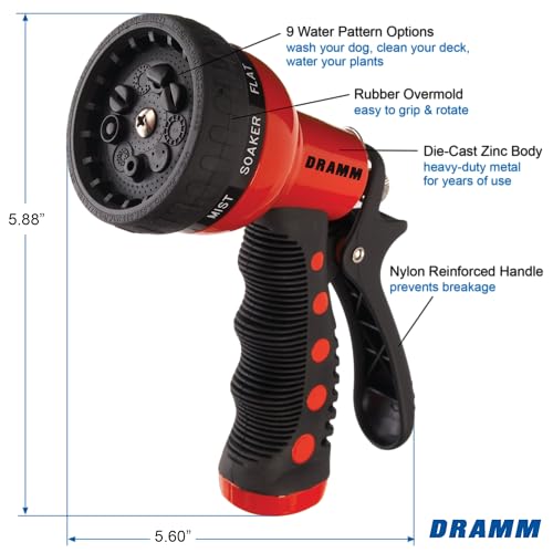 Image of Dramm Revolver Heavy Duty Metal Garden Hose Nozzle - 9 Spray Patterns, High Pressure Jet, Thumb-Control Flow, Ergonomic Grip - Red