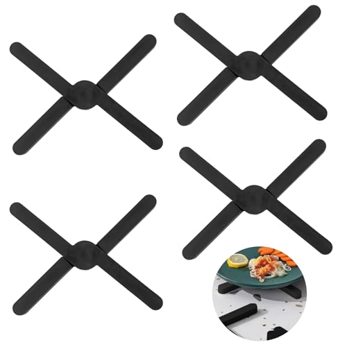 CHENGCKJ 4 Stücke Silikon Topfuntersetzer Faltbarer Untersetzer Hitzeschutz Heißer Topf Halter rutschfeste Topflappen Unterlage hitzebeständig bis 200° für Töpfe, Heiße Pfannen, Schalen (Schwarz)