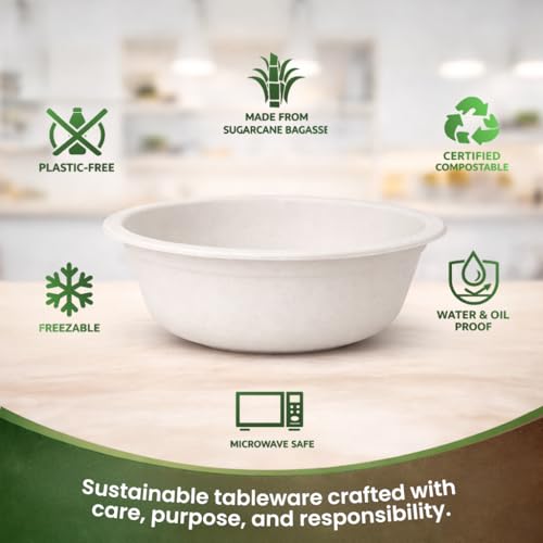 Image of Eco Aaroyaa Disposable Bagasse Bowls - 180 ML - Pack of 50 Biodegradable DIsposable Bowls - Eco-Friendly Dip, Sauce & Chutney Disposable Cups - Leak-Resistant Small Serving Bowls (Pack of 50)
