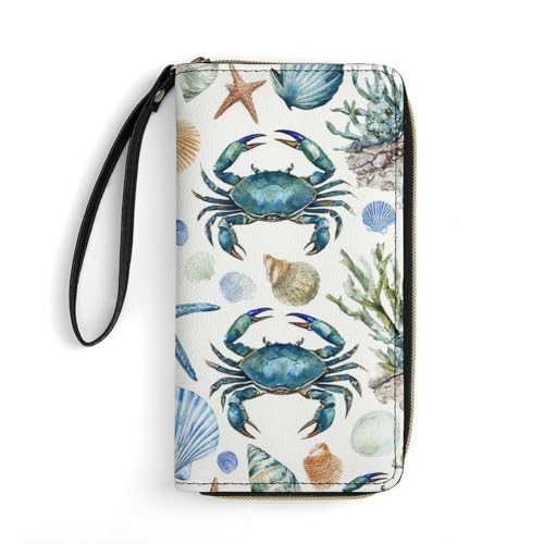 Women's Cute Decor Long PU Zipper Wallet, Travel Purse Fashion Design, Huge Storage Capacity Purse With Rope Under Sea Ocean Starfish Shell Coral Crab Watercolor