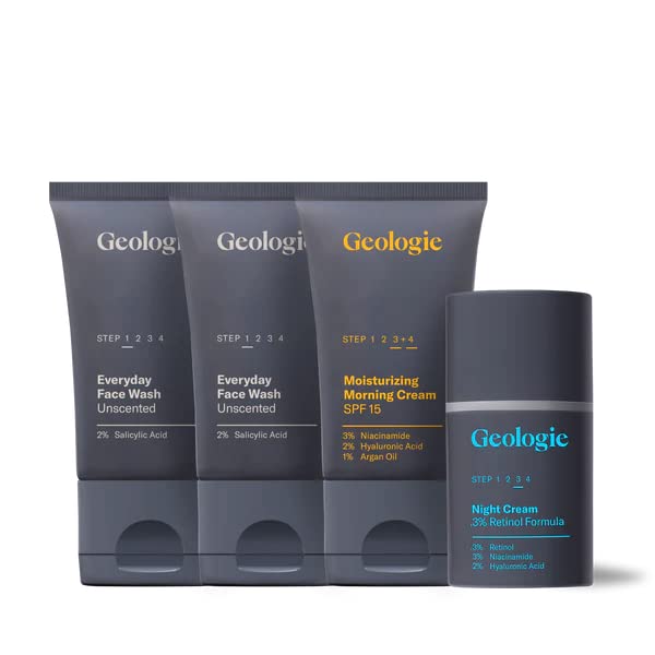 Geologie Complete Extra Strength Clear Skin Acne Routine | 4-Piece Trial Size Set Helps Treat Mild to Moderate Breakouts: .3% Retinol, Niacinamide, Hyaluronic Acid, and Salicylic Acid | 30 Day Supply