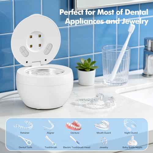 Image of Upgraded Ultrasonic Retainer Cleaner Machine, 48kHz Ultrasonic Dentures Cleaner for Mouth Guards, Braces, Aligner, Toothbrush & Jewelry, 200ML Capacity, White