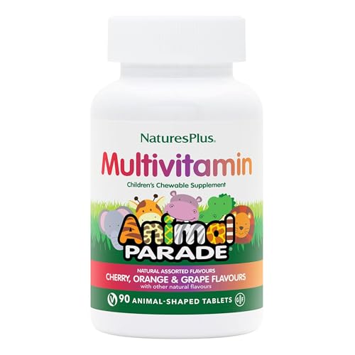 NaturesPlus Animal Parade Children’s Multivitamin - Natural Assorted, Cherry, Orange, and Grape Flavours, Chewable Animal Shaped Tablets - Gluten Free (90, Assorted Flavours)