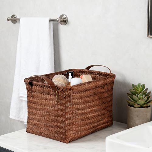 Stylave 15L Laundry Baskets Waterproof Storage Baskets For Shelves Large Laundry Hamper With Leather Handle -set of 6 Cube Organizers Woven Bins for Bathroom,Bedroom,Pantry,Clothes,Car & Towels-Brown by Stylave - Used condition - Image 9